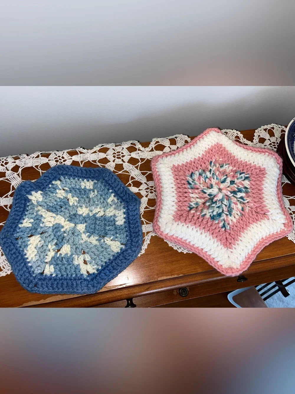 Hand Crocheted Pot Holder/Hot Pad Set – Blue Snowflake & Pink Starburst